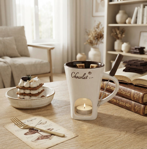Ceramic Chocolate Melting Cup with Fork, 130ml Chocolate Fondue Mug, Hot Chocolate Warmer Cup, Dessert Dipping Mug, Cozy Gift