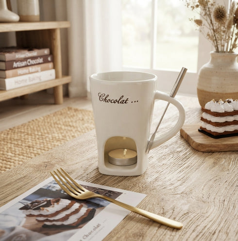 Ceramic Chocolate Melting Cup with Fork, 130ml Chocolate Fondue Mug, Hot Chocolate Warmer Cup, Dessert Dipping Mug, Cozy Gift